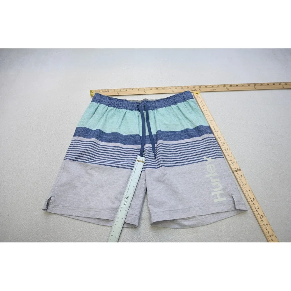 Hurley Swim Trunks Surf Shorts Mens Large Blue Teal Striped Mesh Liner Excellent